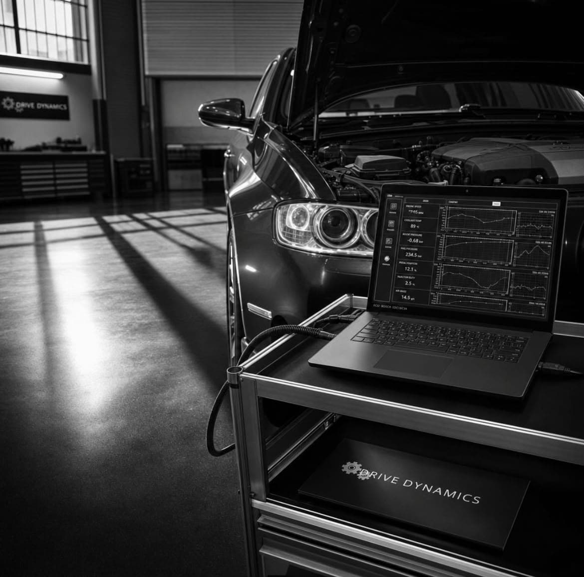 Laptop showing live engine data next to a car in the workshop