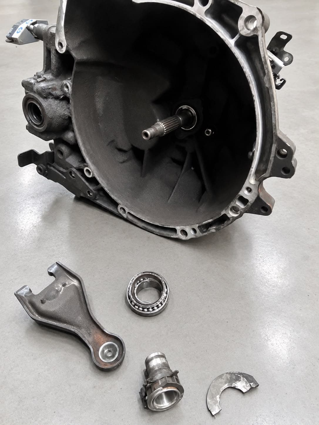 Gearbox bellhousing stripped down with release bearing and fork